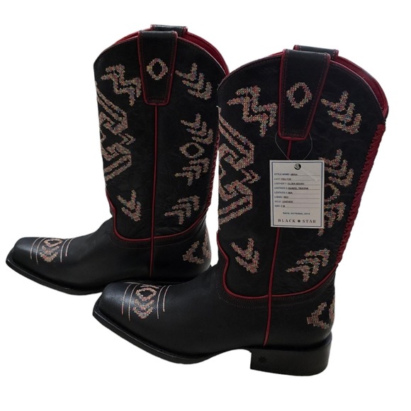 Black Star Shoes - Black‎ Star Black Leather Western Boots Red Trim Embroidered Design